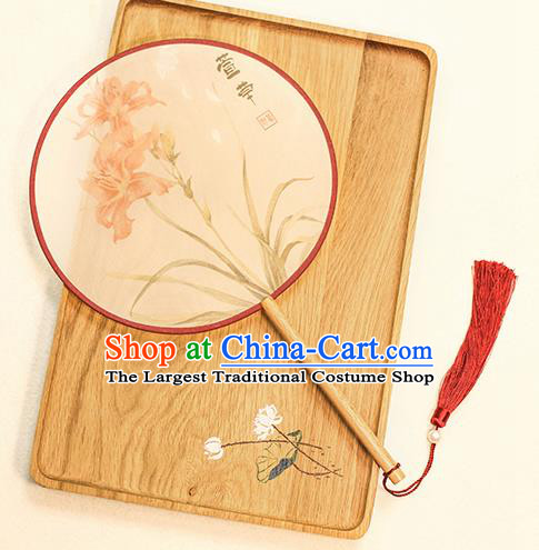 Chinese Traditional Printing Tawny Daylily Dance Silk Round Fans Handmade Classical Palace Fans for Women