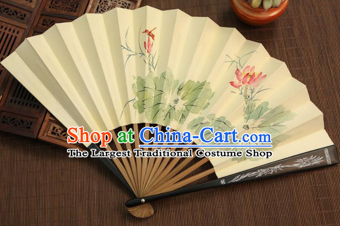 Chinese Traditional Handmade Ink Painting Lotus Paper Fans Classical Accordion Folding Fans for Women