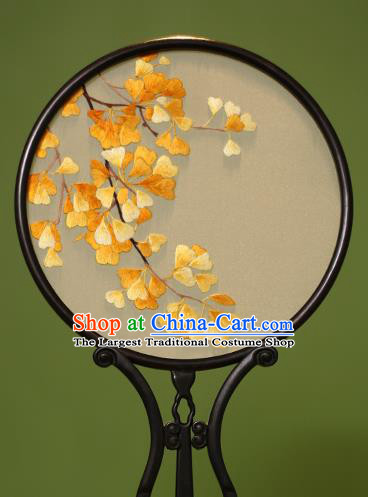 Chinese Traditional Handmade Embroidered Ginkgo Leaf Silk Round Fans Classical Palace Fans for Women