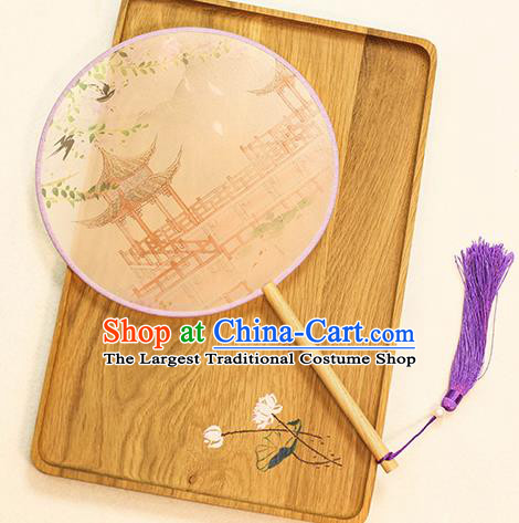 Chinese Traditional Printing Pavilion Dance Silk Round Fans Handmade Classical Palace Fans for Women