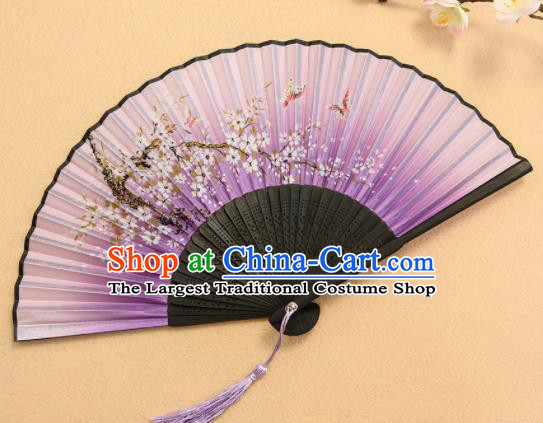 Chinese Traditional Folding Fans Classical Printing Flowers Purple Accordion Silk Fans for Women