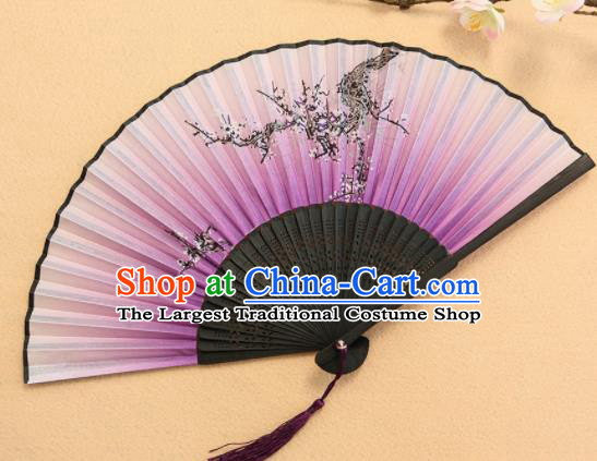 Chinese Traditional Folding Fans Classical Printing Plum Blossom Purple Accordion Silk Fans for Women