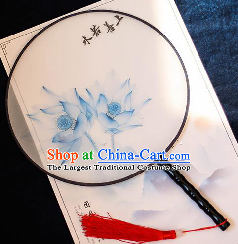 Chinese Traditional Printing Blue Lotus Silk Round Fans Handmade Classical Palace Fans for Women