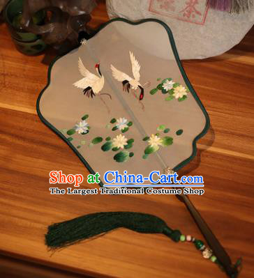 Handmade Chinese Traditional Embroidered Lotus Cranes Silk Fans Classical Palace Fans for Women