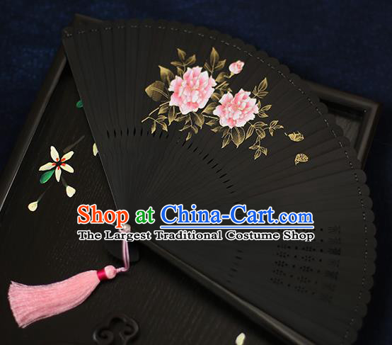 Chinese Handmade Printing Peony Bamboo Fans Classical Accordion Traditional Folding Fans for Women