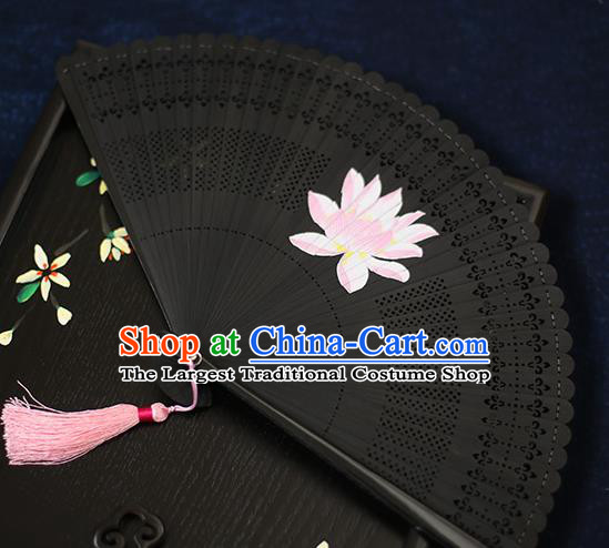 Chinese Handmade Printing Lotus Bamboo Fans Classical Accordion Traditional Folding Fans for Women
