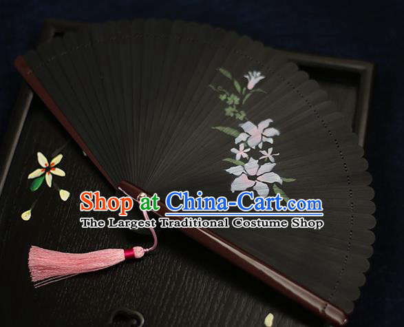 Chinese Handmade Printing Flowers Bamboo Black Fans Classical Accordion Traditional Folding Fans for Women