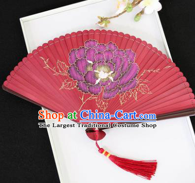 Chinese Handmade Printing Peony Red Bamboo Fans Classical Accordion Traditional Folding Fans for Women
