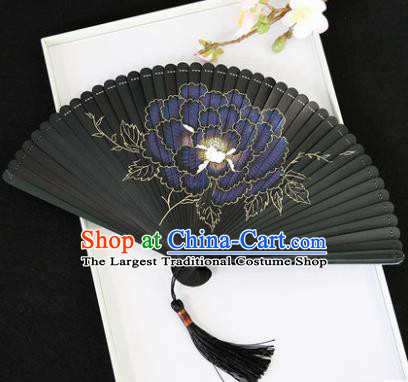 Chinese Handmade Printing Peony Black Bamboo Fans Classical Accordion Traditional Folding Fans for Women