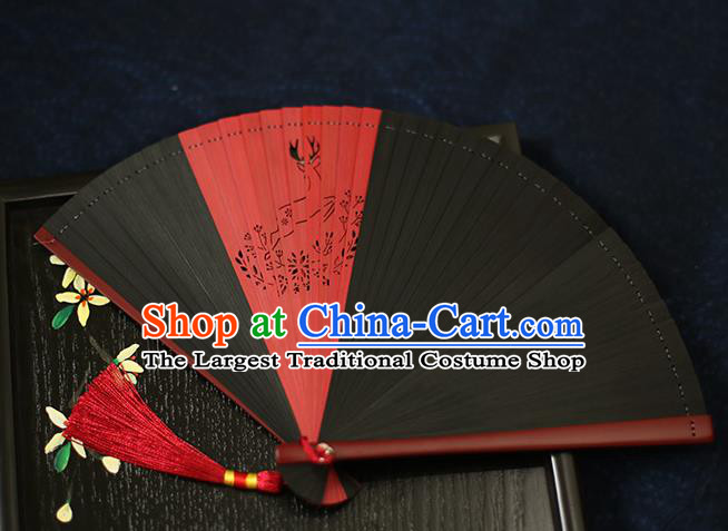 Chinese Handmade Carving Deer Bamboo Fans Classical Accordion Traditional Folding Fans for Women
