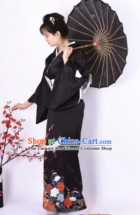 Japanese Traditional Handmade Printing Crane Black Kimono Dress Asian Japan Geisha Yukata Costume for Women