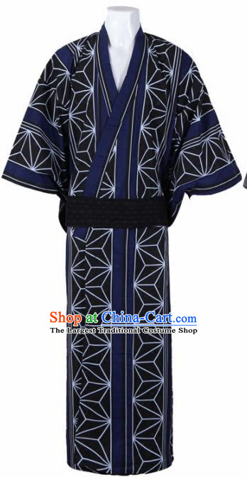 Japanese Traditional Samurai Printing Navy Kimono Asian Japan Handmade Warrior Yukata Costume for Men
