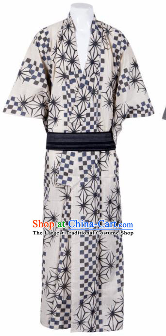 Japanese Traditional Samurai Printing White Kimono Asian Japan Handmade Warrior Yukata Costume for Men