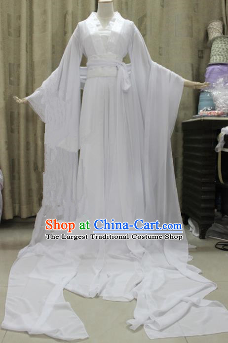 Chinese Traditional Cosplay Swordswoman Costume Ancient Peri Princess White Hanfu Dress for Women