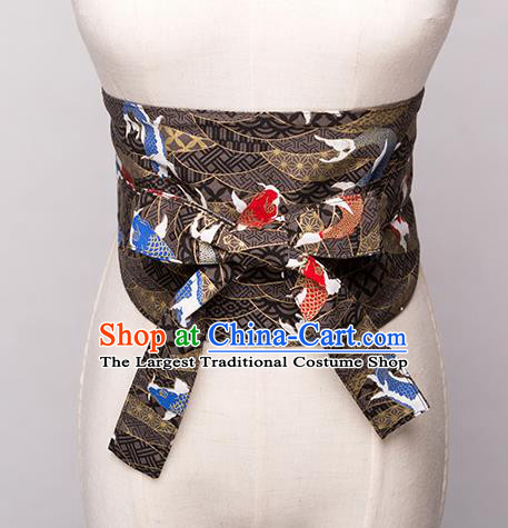 Japanese Traditional Kimono Printing Fishes Black Belts Asian Handmade Japan Geisha Yukata Waistband for Women