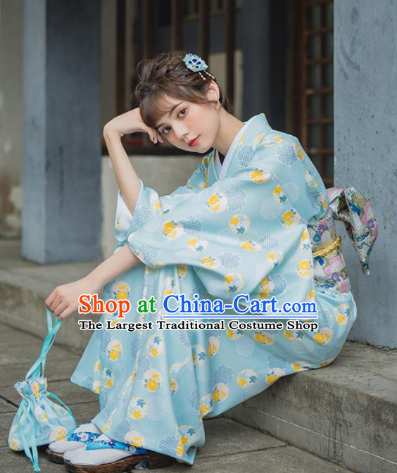 Handmade Japanese Traditional Costume Printing Green Furisode Kimono Dress Asian Japan Yukata for Women