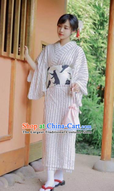Japanese Traditional Costume White Linen Kimono Dress Asian Japan Yukata for Women