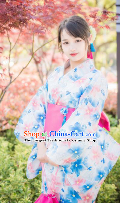 Japanese Traditional Costume Geisha Printing Blue Flowers Furisode Kimono Asian Japan Yukata Dress for Women