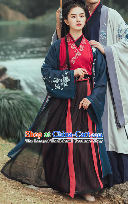 Chinese Ancient Female Swordsman Embroidered Hanfu Dress Jin Dynasty Nobility Lady Historical Costume for Women