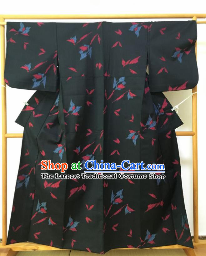 Japanese Traditional Costume Classical Printing Butterfly Black Furisode Kimono Asian Japan Geisha Yukata Dress for Women