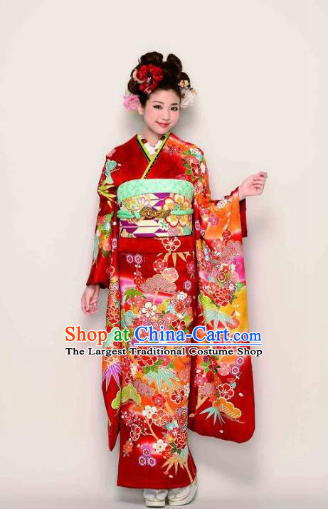 Japanese Traditional Printing Peony Red Furisode Kimono Asian Japan Costume Geisha Yukata Dress for Women