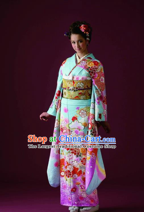 Japanese Traditional Printing Sakura Green Furisode Kimono Asian Japan Costume Geisha Yukata Dress for Women