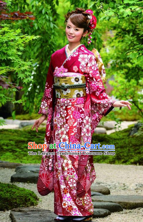 Japanese Traditional Printing Sakura Wine Red Furisode Kimono Asian Japan Costume Geisha Yukata Dress for Women