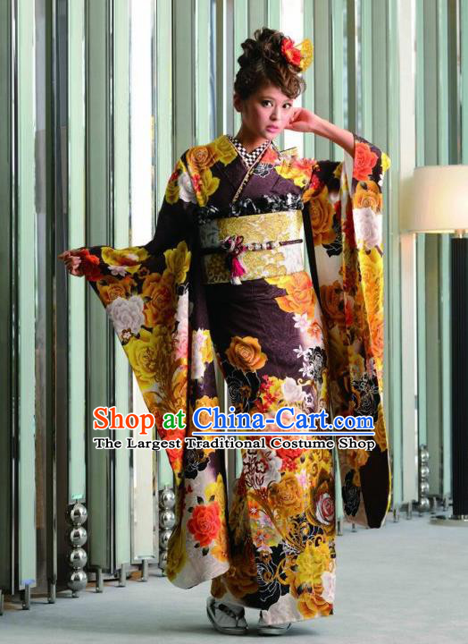 Japanese Traditional Printing Iromuji Deep Purple Furisode Kimono Asian Japan Costume Geisha Yukata Dress for Women