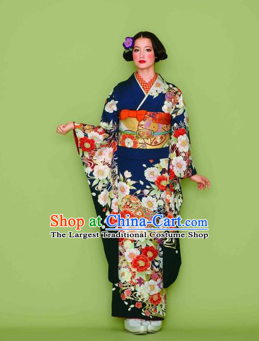 Japanese Traditional Printing Iromuji Navy Furisode Kimono Asian Japan Costume Geisha Yukata Dress for Women