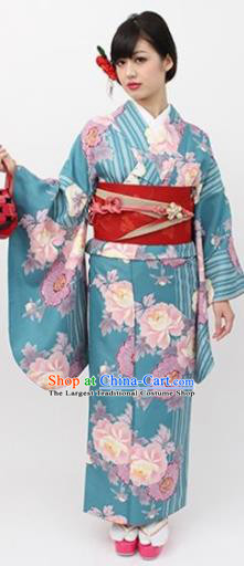 Japanese Traditional Printing Peony Green Kimono Asian Japan Costume Geisha Yukata Dress for Women