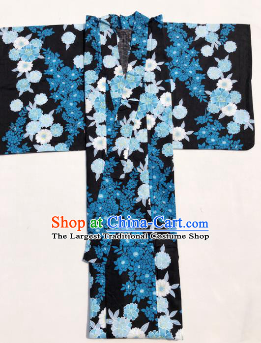 Traditional Japanese Classical Printing Blue Flowers Kimono Asian Japan Costume Geisha Yukata Dress for Women