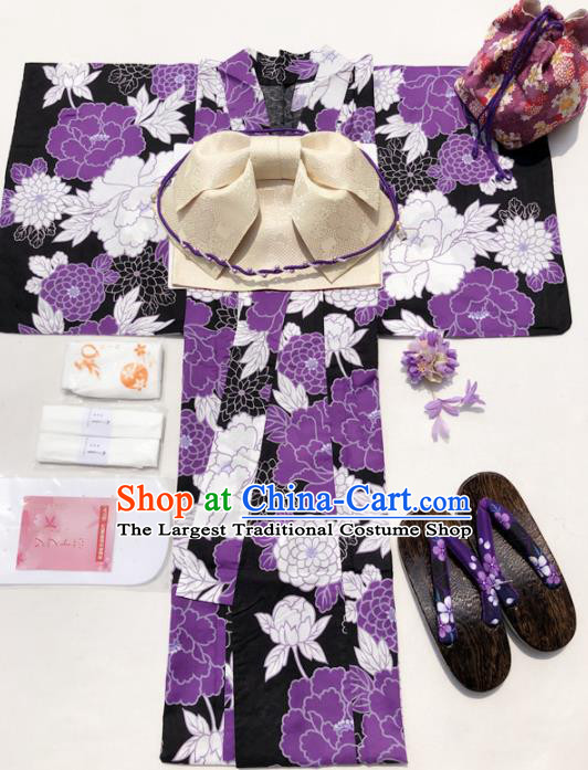 Traditional Japanese Classical Printing Purple Peony Kimono Asian Japan Costume Geisha Yukata Dress for Women