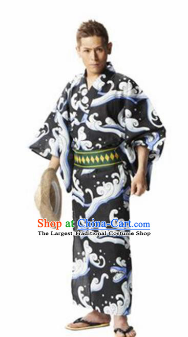 Traditional Japanese Samurai Printing Waves Kimono Asian Japan Handmade Warrior Yukata Costume for Men