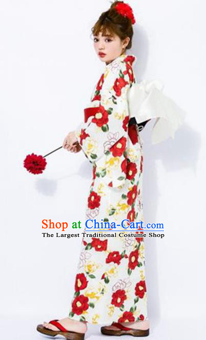 Traditional Japanese Classical Printing Red Camellia Kimono Asian Japan Costume Geisha Yukata Dress for Women
