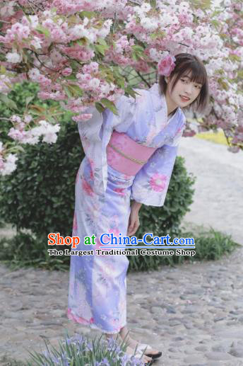 Japanese Classical Printing Flowers Light Purple Kimono Asian Traditional Japan Costume Geisha Yukata Dress Complete Set for Women