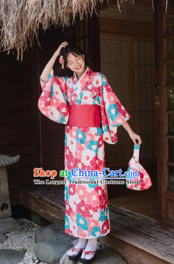 Traditional Japanese Classical Printing Camellia Rosy Kimono Asian Japan Costume Geisha Yukata Dress for Women