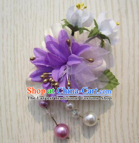 Japanese Traditional Geisha Kimono Hair Accessories Japan Yukata Purple Flower Tassel Hair Claw for Women