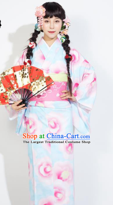 Japanese Classical Printing Light Blue Yukata Dress Asian Japan Traditional Costume Geisha Furisode Kimono for Women