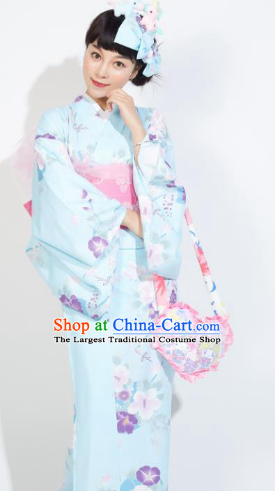 Japanese Classical Printing Flowers Light Blue Yukata Dress Asian Japan Traditional Costume Geisha Furisode Kimono for Women