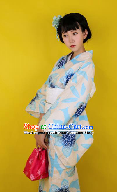 Japanese Classical Printing Blue Flowers Kimono Asian Japan Traditional Costume Geisha Yukata Dress for Women