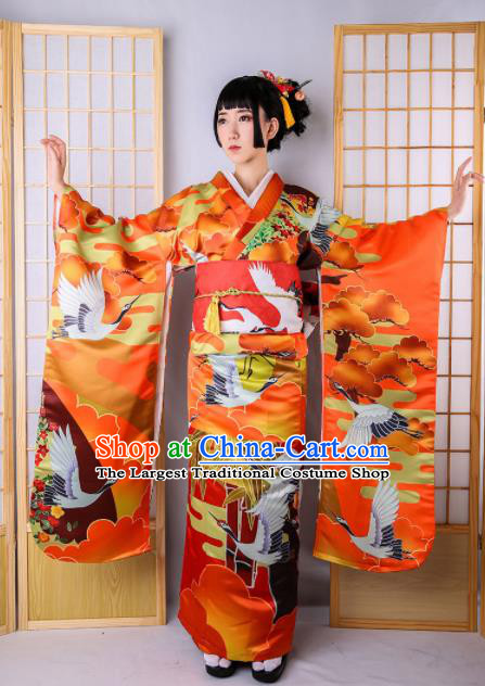 Japanese Classical Printing Cranes Red Furisode Kimono Asian Japan Traditional Costume Geisha Yukata Dress for Women