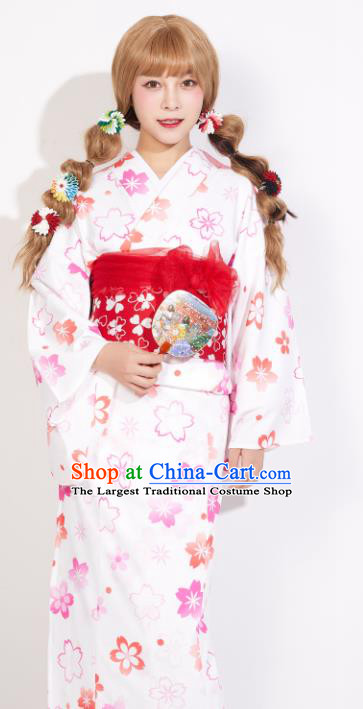 Japanese Classical Printing Sakura Yukata Dress Asian Japan Traditional Costume Geisha Furisode Kimono for Women