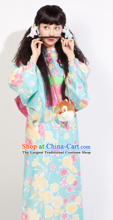 Japanese Classical Printing Sakura Green Yukata Dress Asian Japan Traditional Costume Geisha Furisode Kimono for Women