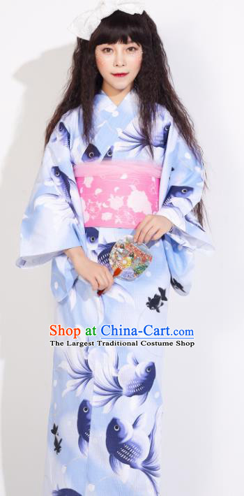 Japanese Classical Printing Fish Blue Yukata Dress Asian Japan Traditional Costume Geisha Kimono for Women