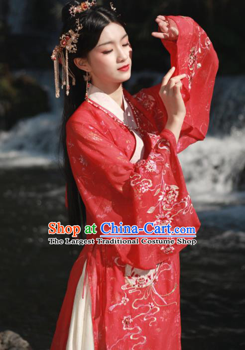 Ancient Chinese Song Dynasty Court Princess Historical Costume Traditional Wedding Embroidered Red Hanfu Dress for Women