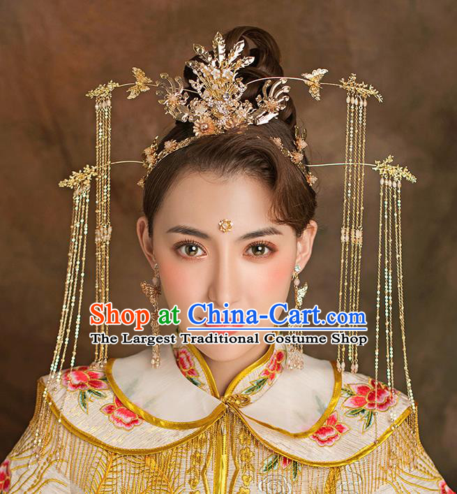 Traditional Chinese Handmade Wedding Hair Accessories Ancient Bride Golden Phoenix Coronet Tassel Hairpins for Women