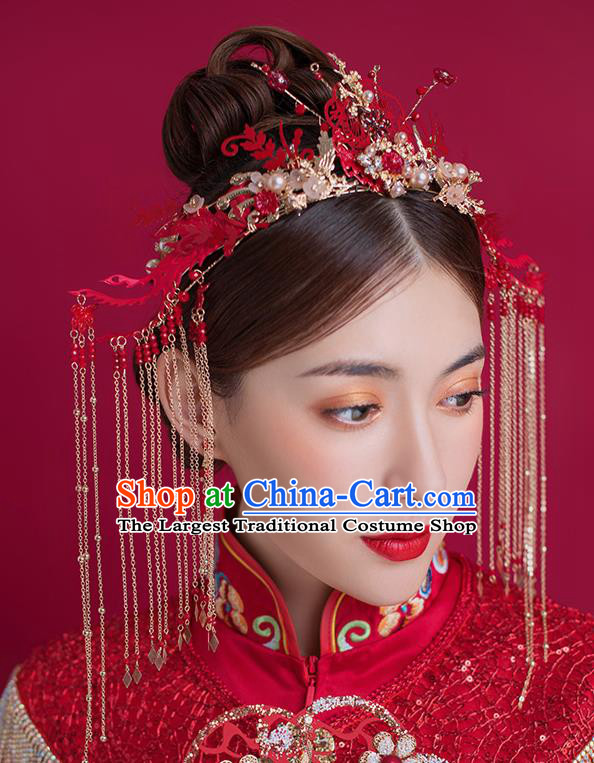 Traditional Chinese Ancient Bride Tassel Hairpins Red Phoenix Coronet Handmade Wedding Hair Accessories for Women