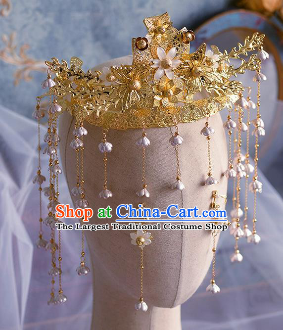 Traditional Chinese Ancient Bride Tassel Hairpins Golden Phoenix Coronet Handmade Wedding Hair Accessories for Women