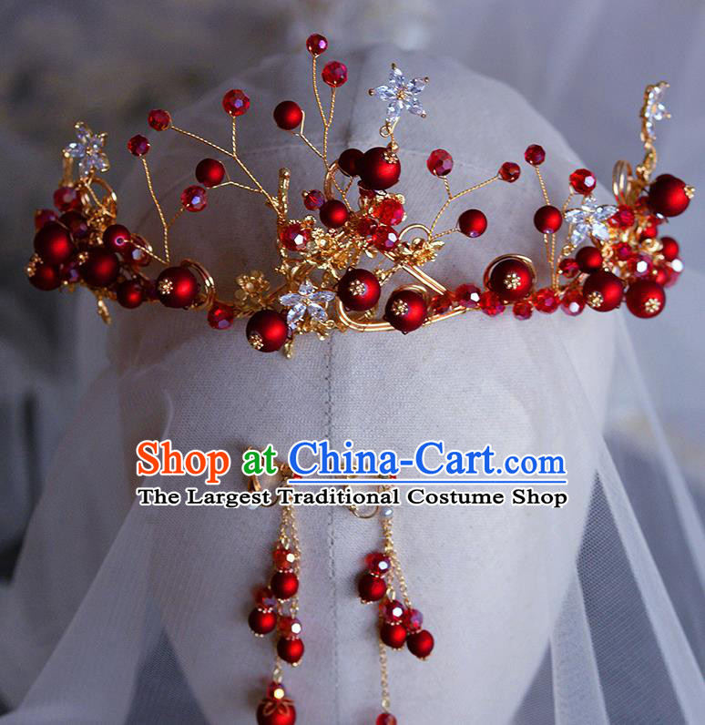 Handmade Wedding Hair Accessories Baroque Bride Red Beads Royal Crown for Women