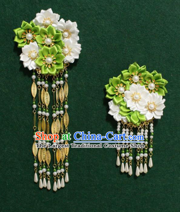 Traditional Chinese Ancient Tang Dynasty Palace Green Flowers Hair Claw Tassel Hairpins Handmade Wedding Hair Accessories for Women